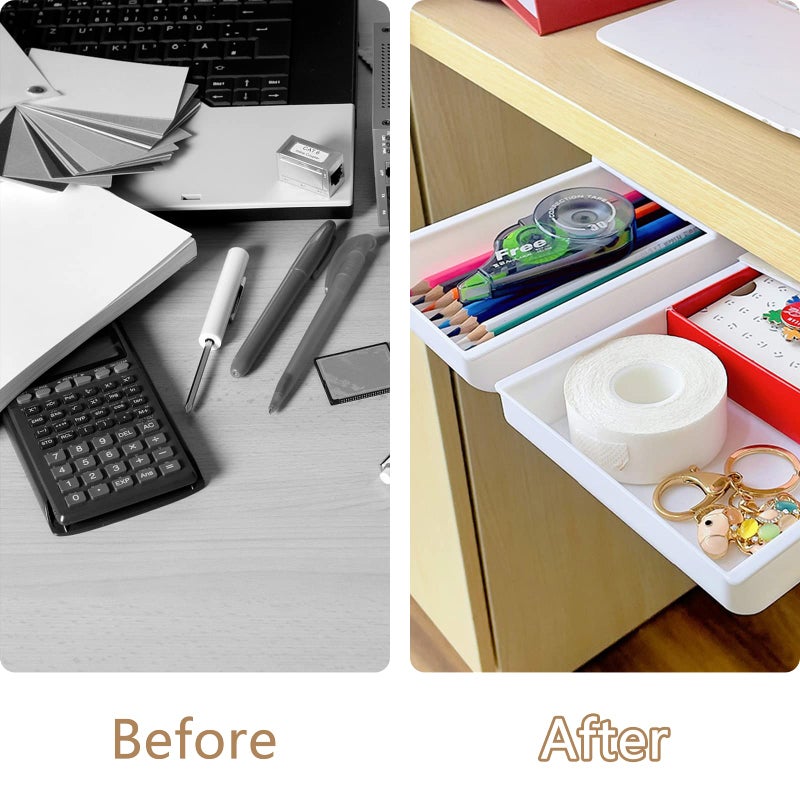 kulusion 2 Packs Under Desk Drawers, Slide Out Drawer Attachment, Plastic Desk Accessories & Workspace Organizers, Self-Adhesive Hidden Desktop Pen Holder for Office School Home (White) - Image 4